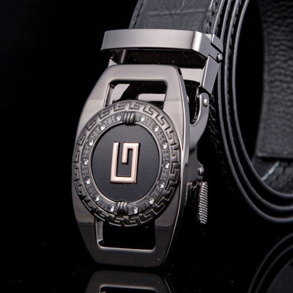 Black Leather Ratchet Belt Automatic Buckle Fits 28in-50in Blue Adjustable 2025‎ - Picture 1 of 4